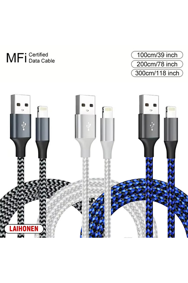 كابل USB A إلى Lightning MFi بطول 1 متر و2 متر و3 متر من LAIHONEN، 3 قطع، مختلط من النايلون المضفر، معتمد من MFi، لهاتف iPhone 11