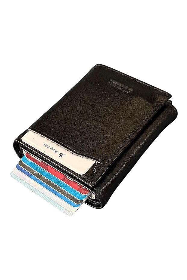 Black Automatic Mechanism Trifold Genuine Leather Credit Card Holder - 3007-Black