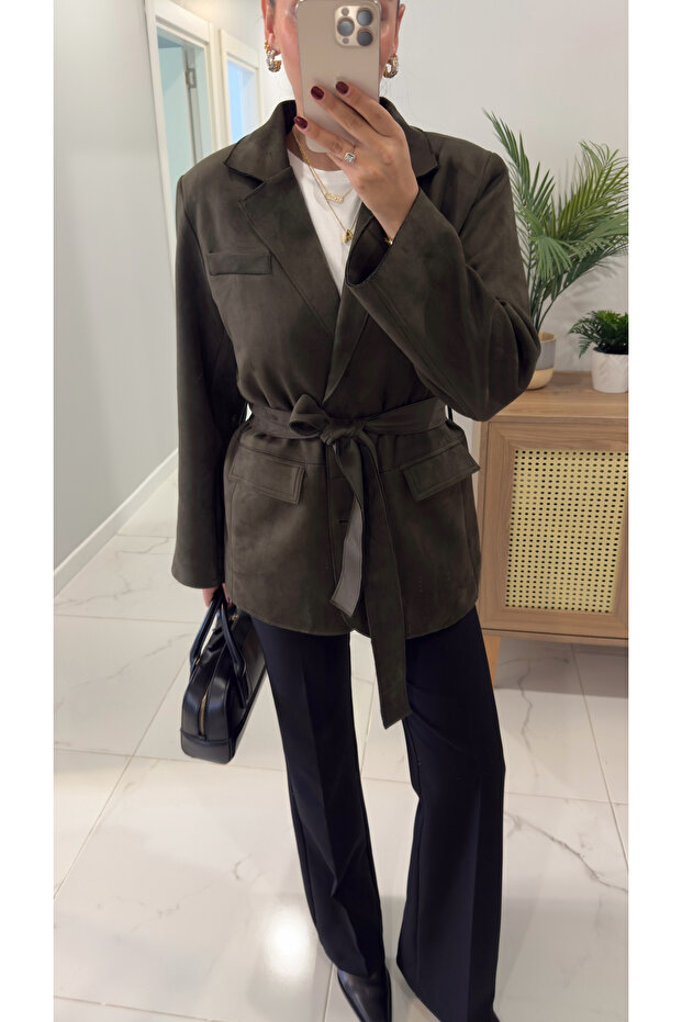 Jachetă din piele intoarsa cu curea Risan Khaki - 5