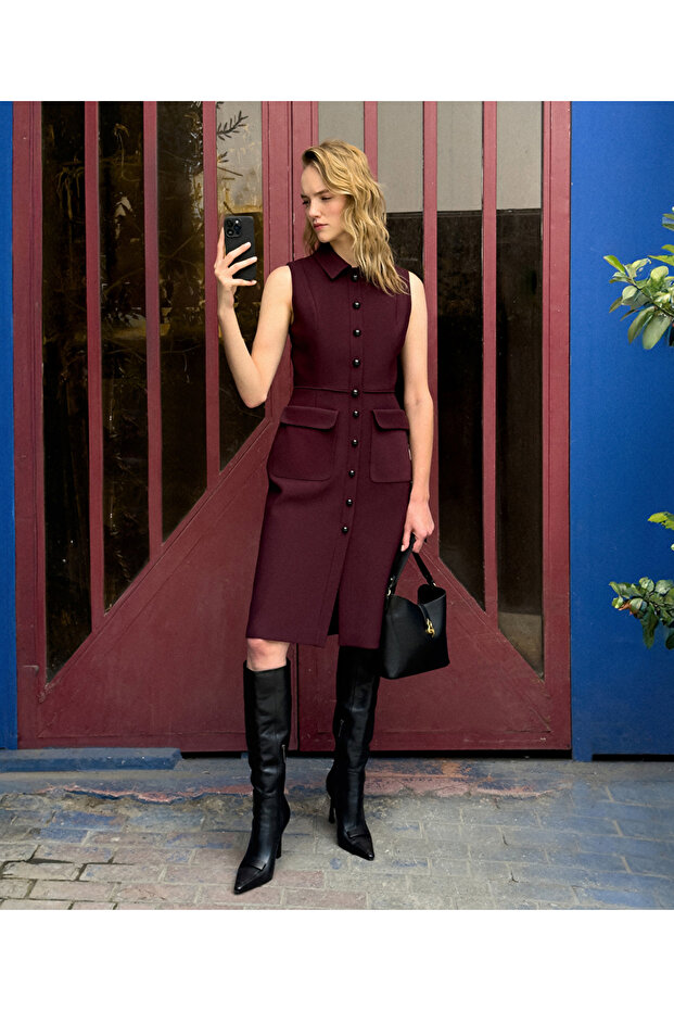 Geniş cepli midi elbise - 1