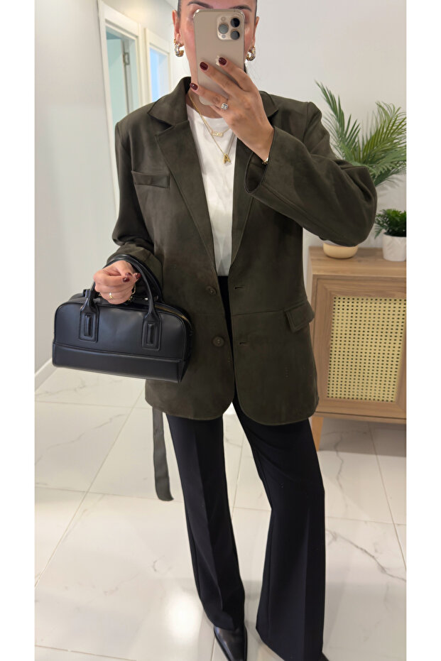 Jachetă din piele intoarsa cu curea Risan Khaki - 6