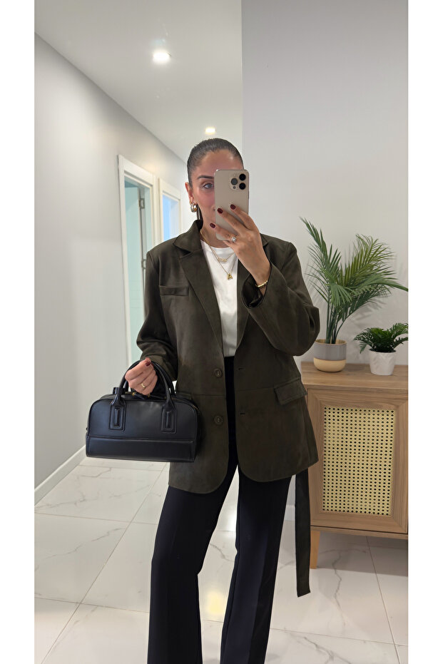 Jachetă din piele intoarsa cu curea Risan Khaki - 4