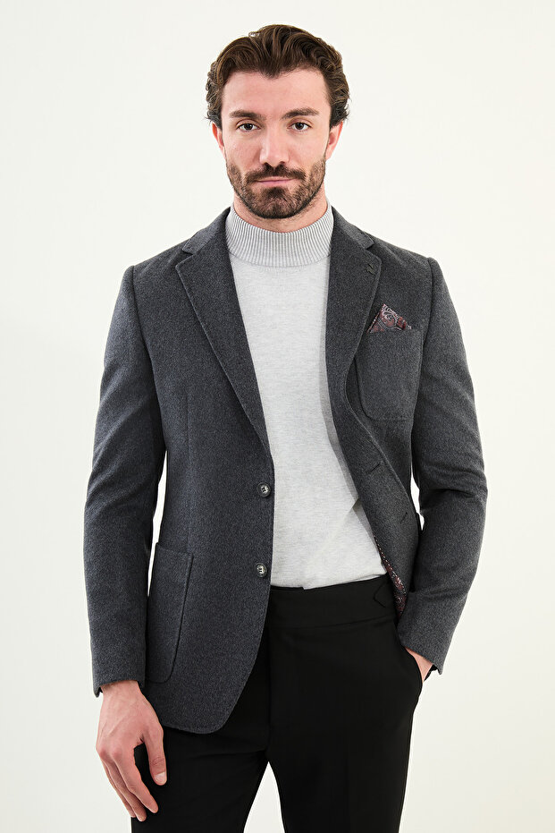 Plain Slim Fit Wool Men's Jacket with Pocket Detail and Handkerchief Detail Anthracite - 44316.25K