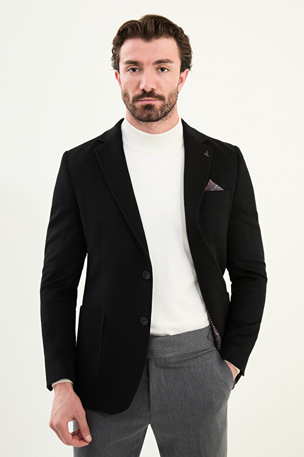Plain Slim Fit Bag Pocket Detail Wool Men's Jacket Black - 44316.25K