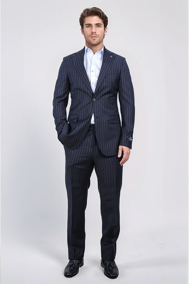 Slim Fit Mono Collar Striped Navy Wool Suit