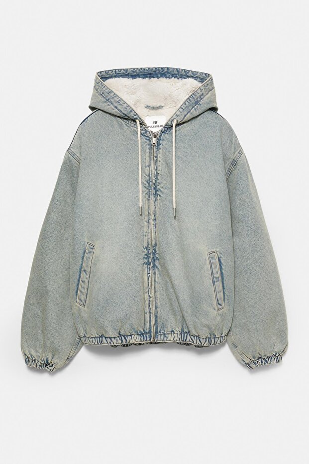Kapüşonlu kürklü fermuarlı denim ceket - 7