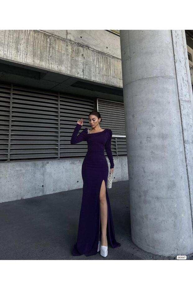 Stretchy Glitter Fabric Boat Neck Shoulder Stone Detail Slit Evening Dress 583047 Purple