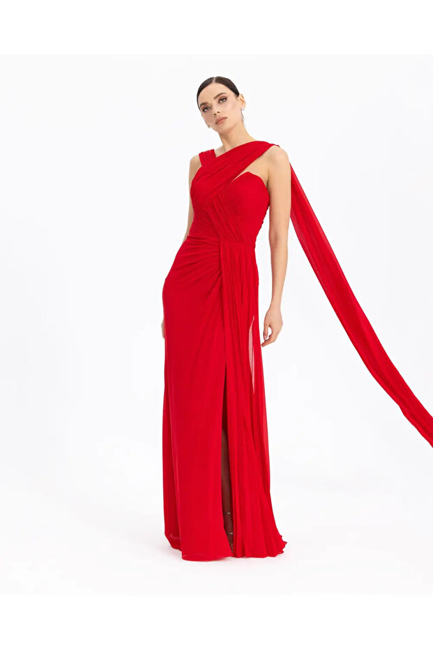 Heart Neck Draped Chiffon Evening Dress