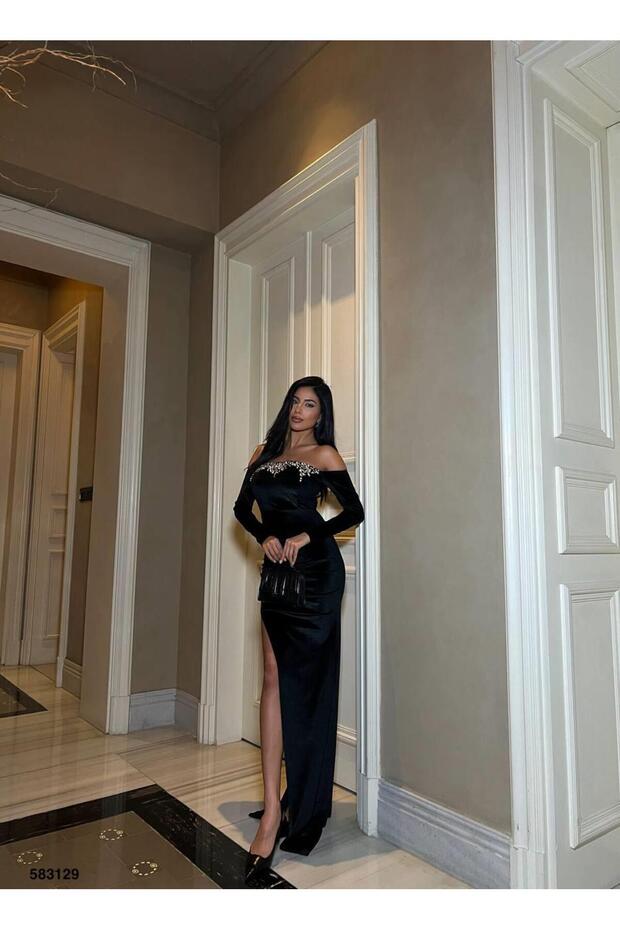 Velvet Stretchy Fabric Strapless Front Stone-Embellished Slit Evening Dress 583129 BLACK
