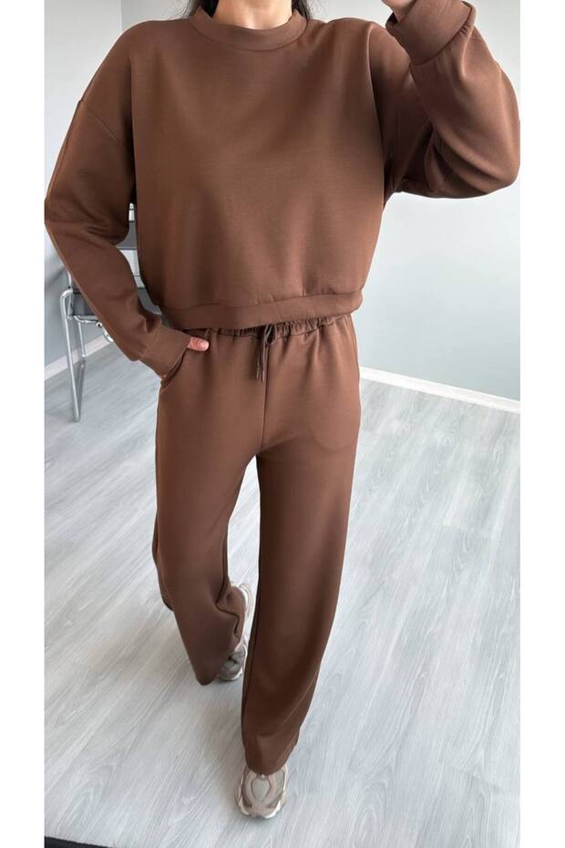 Brown Sweat Wide Leg Trousers Set-98618