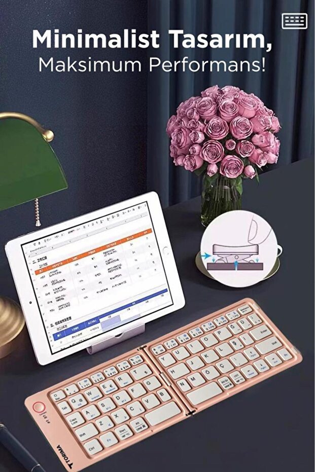 Kablosuz Klavye Bluetooth Katlanabilir Şarjlı Mini Klavye TK08 Pembe - 3