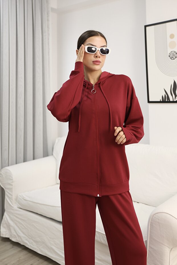 Hooded Zippered Wide Leg Modal Fabric Tracksuit Set