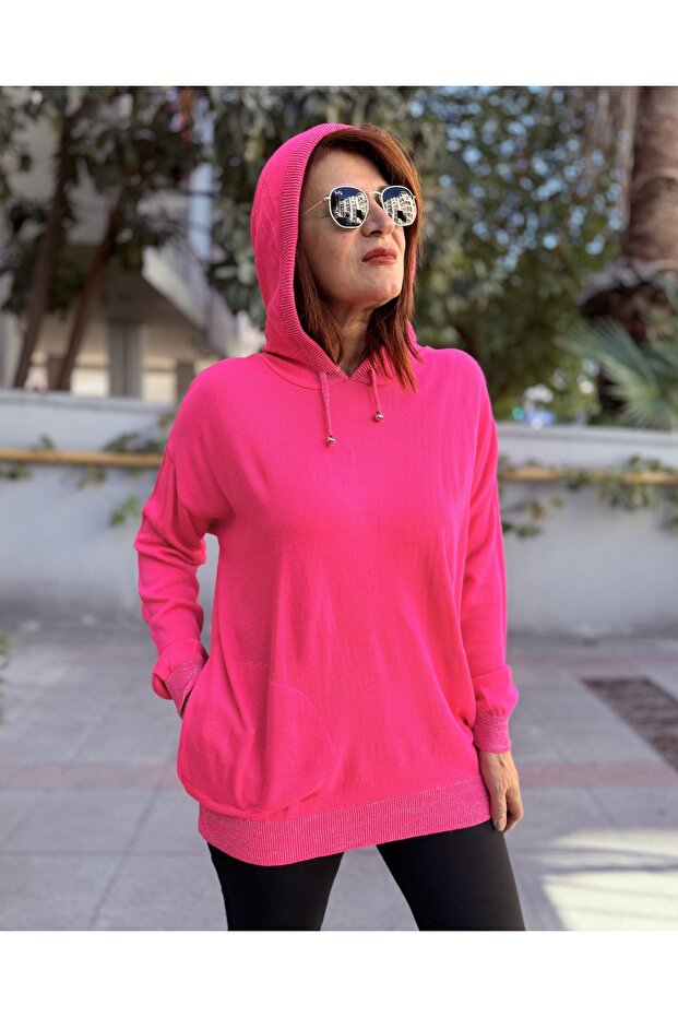 Simli Kapüşonlu Triko Pembe - 1