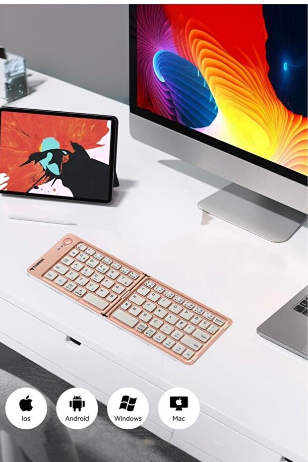 Kablosuz Klavye Bluetooth Katlanabilir Şarjlı Mini Klavye TK08 Pembe - 4