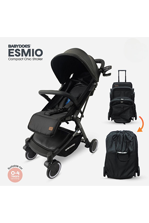 ESMIO - Baby Stroller, 5-Point Harness, Single Hand Fold, 0-4 Years (Up to 20 kg) - Black
