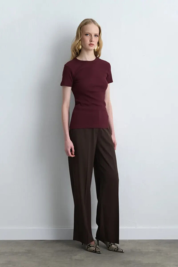 Kısa Kollu Basic Pamuk Tshirt - Bordo - 1
