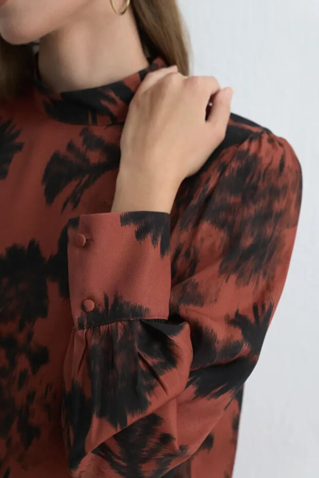 High Neck Patterned Viscose Blouse - Tile - 5