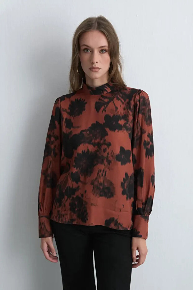 High Neck Patterned Viscose Blouse - Tile - 2