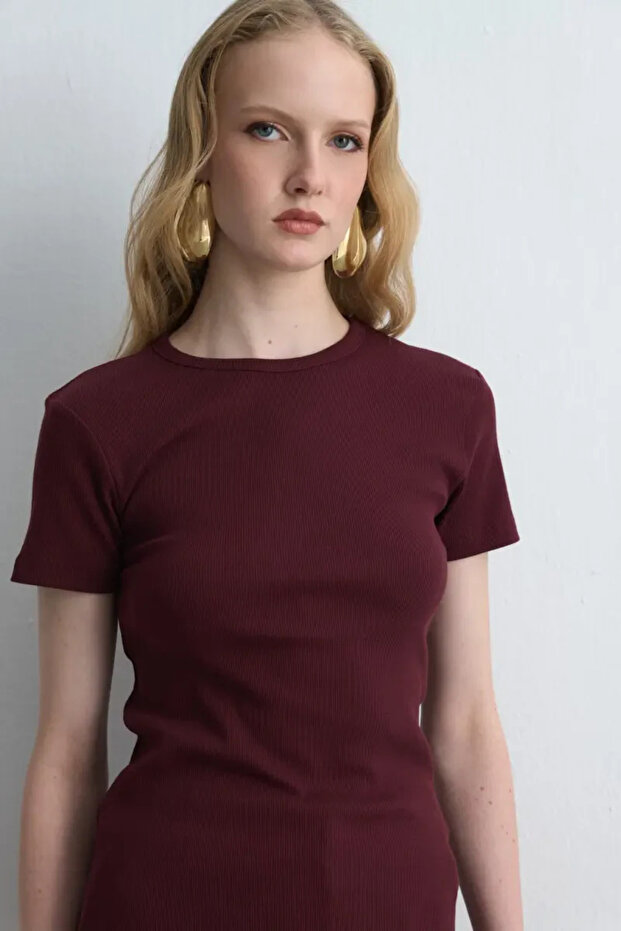 Kısa Kollu Basic Pamuk Tshirt - Bordo - 2