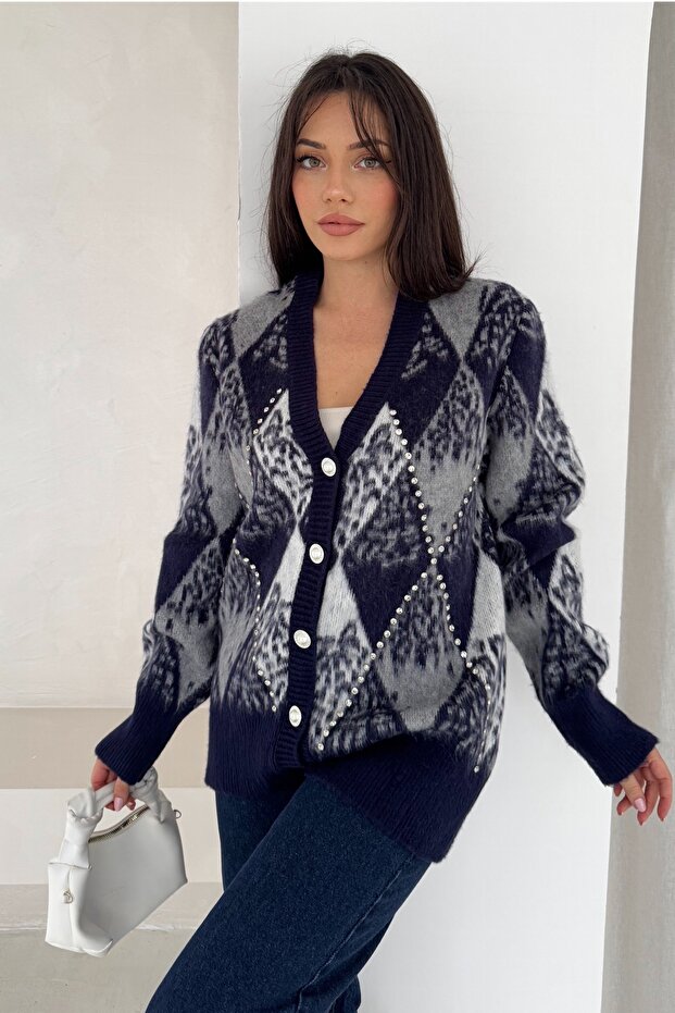Navy Blue Diamond Pattern Pearl Stone Embroidered Button Detailed Oversize Knit Cardigan