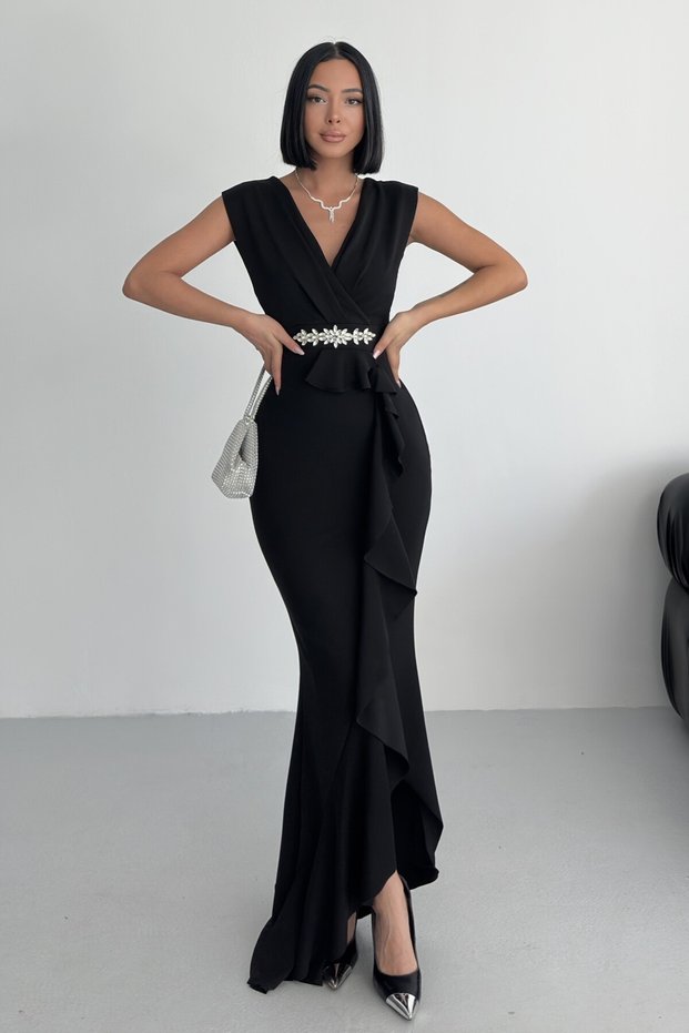 Women's Black Scuba Diving Fabric Double Breasted Collar Skirt Flounce Evening Dress Graduation Wedding Dress