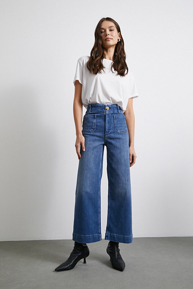Cep Ve Düğme Detaylı Wide Leg Jean Mavi - 4