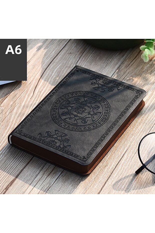 A6 Black pattern A6 Retro Style Pocket Type Mini Notebook Stamping Process Artificial PU Leather Wri