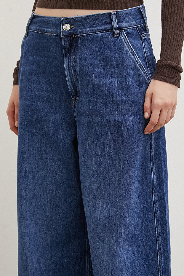 Yüksek Bel Geniş Paça Jean Mavi - 5
