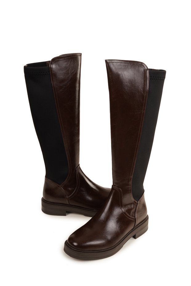 Women's Brown Ankle Boots with Flexible Fabric Details Below the Knee