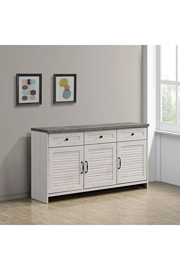 Zenith 3-Door & 3-Drawer Multi-Purpose Cabinet - 150x40x84cm, White Oak/Cement Finish, Durable Wood