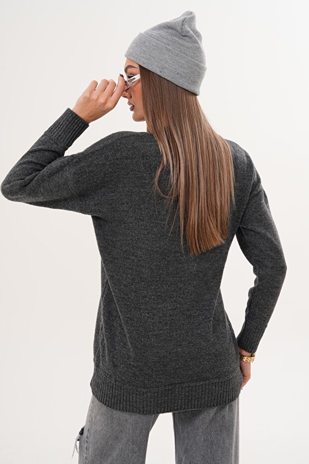 Kadın Çimalı Şardonlu Triko Örme Kazak 255165 - - 5