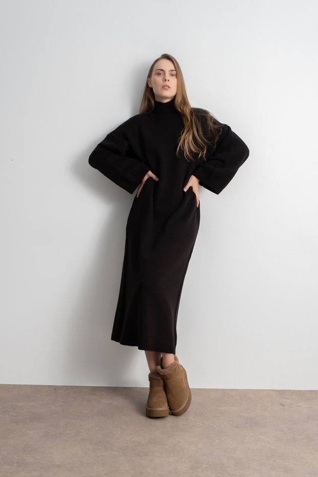 Women's High Neck Oversize Knit Dress – Black