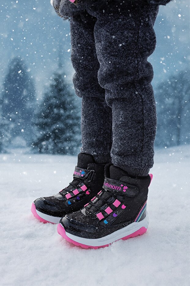 Kız Çoçuk Sim Detaylı Kışlık Kaymaz Taban Su Geçirmez Cırt Cırtlı Yarım Bot - 2