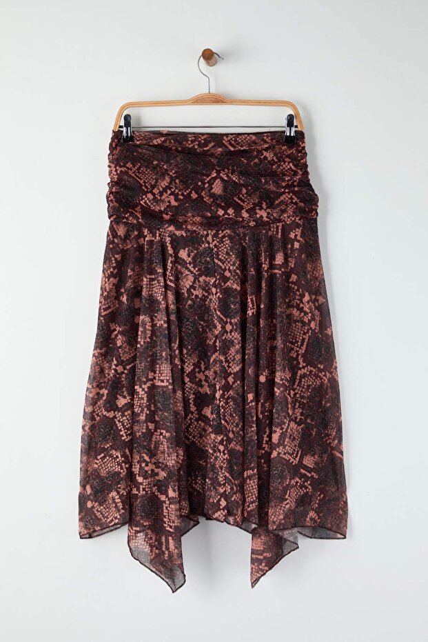 Bordo Boho Baskılı Skater Asimetrik Etek Ucu Detaylı Esnek Örme Etek TWOAW26ET00037 - 12