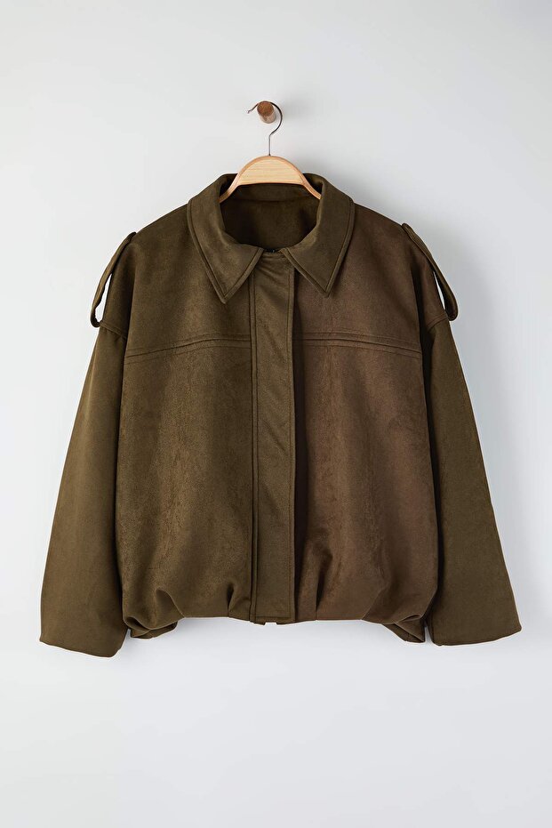 Haki Oversize Büyük Beden Süet Bomber Ceket Mont TWOAW26AW00024 - 3