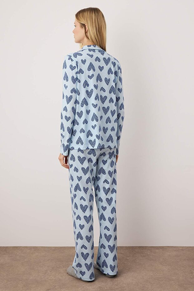 Açık Mavi %100 Pamuklu Leopar Kalpli Örme Pijama Takımı THMAW25PT00142 - 4