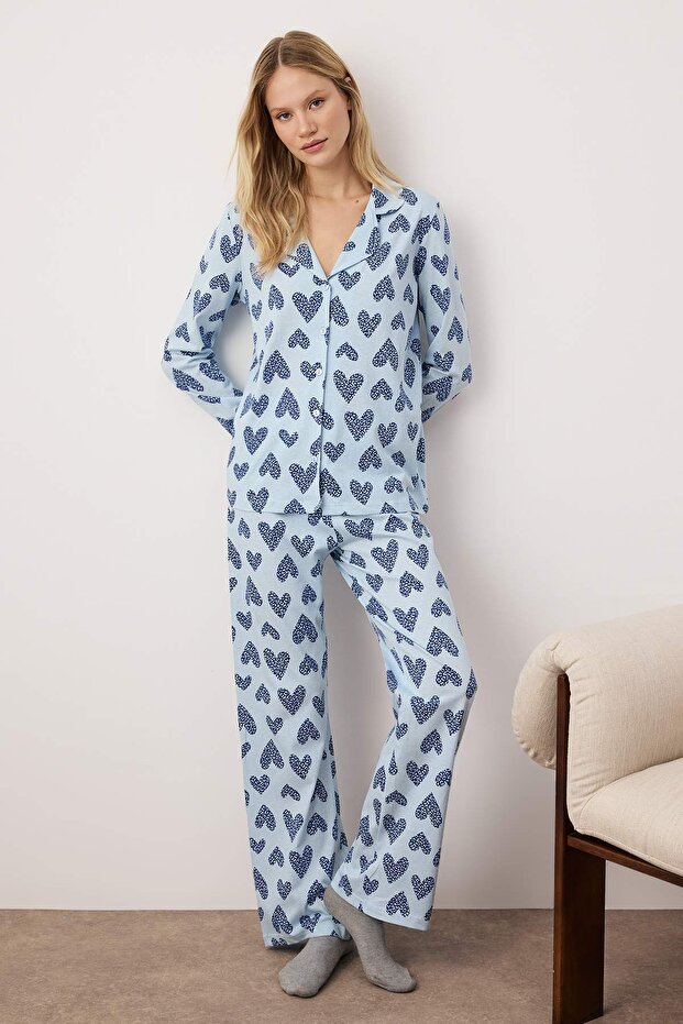 Açık Mavi %100 Pamuklu Leopar Kalpli Örme Pijama Takımı THMAW25PT00142 - 1