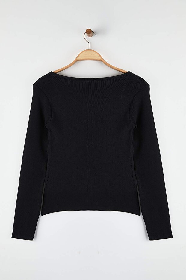 Siyah Kaşkorse Crop Örme Büyük Beden Bluz TBBAW26AF00057 - 5