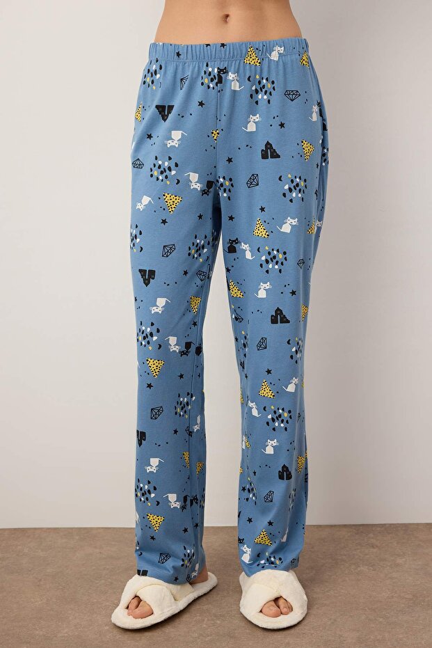 Mavi %100 Pamuklu Desenli Örme Pijama Takımı THMAW21PT0084 - 4