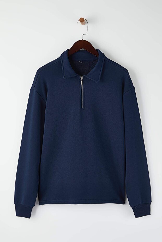 Lacivert Yeni Oversize/Geniş Kesim Fermuarlı Gömlek Yaka İçi Şardonsuz Sweatshirt TMNAW26SW00013 - 5