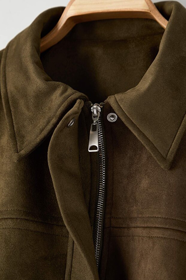 Haki Oversize Büyük Beden Süet Bomber Ceket Mont TWOAW26AW00024 - 5