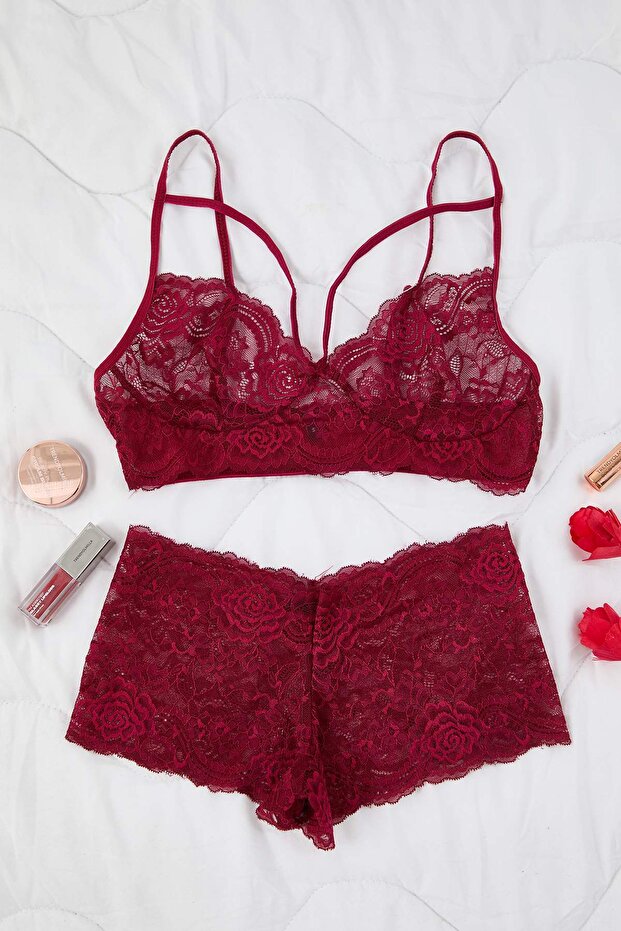 Bordo Tül Detaylı Dantel Kapsız Örme İç Çamaşırı Takımı THMAW26CC00021 - 6