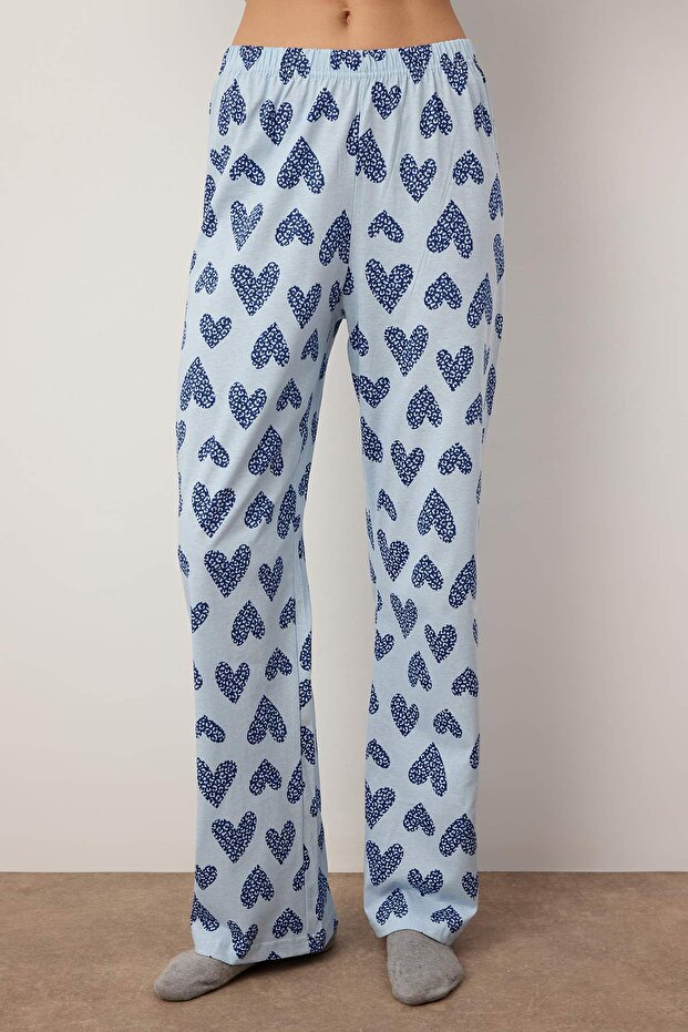 Açık Mavi %100 Pamuklu Leopar Kalpli Örme Pijama Takımı THMAW25PT00142 - 3