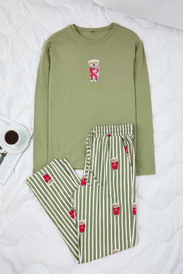 Haki Ayıcıklı Regular Fit Örme Pijama Takımı TMNAW25PT00055 - 1