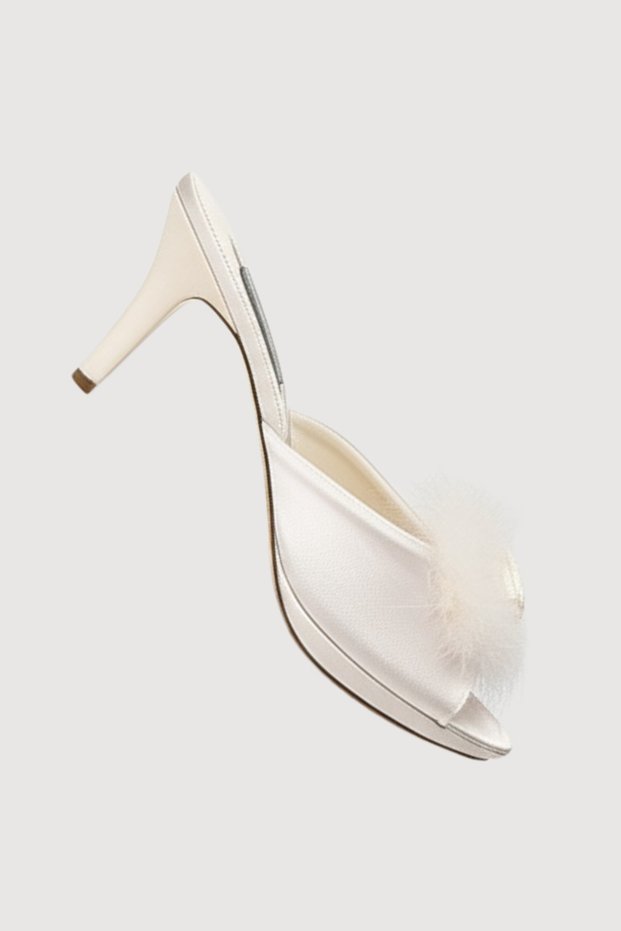 Women's Ecru Heeled Feathered Rose Detailed House Slippers Daily Dowry Gift Vr.Gc.01.T90.Y19