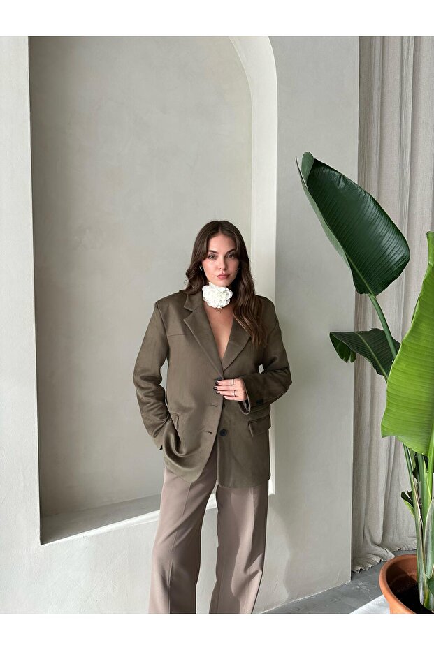 Khaki Latte Bone Buttoned Suede Jacket - 4