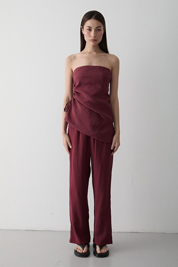 Burgundy Strapless Side Gathered Blouse Pants Set