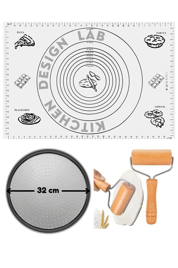 White Silicone Dough Rolling Mat 45 X 65 Cm, 32 cm Pizza Tray and Dough Roller with Wooden Handle
