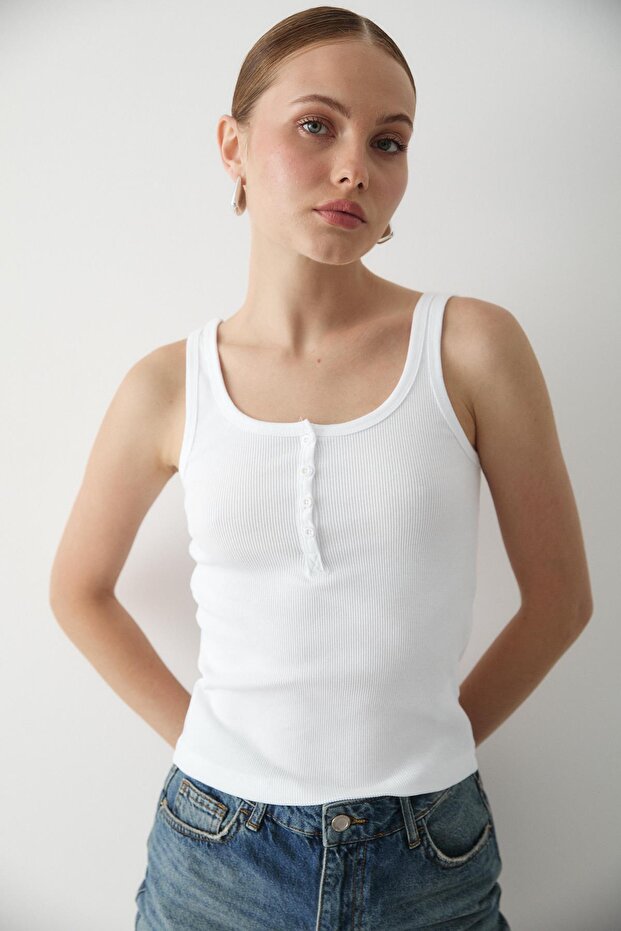 White Buttoned Front Tank Top