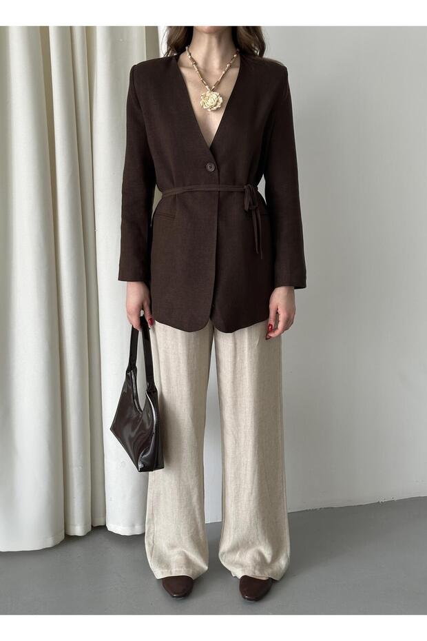 Brązowa kurtka z paskiem z 100% bawełny - 6